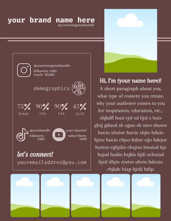 Media kit template with space for your profile photo and demographic information